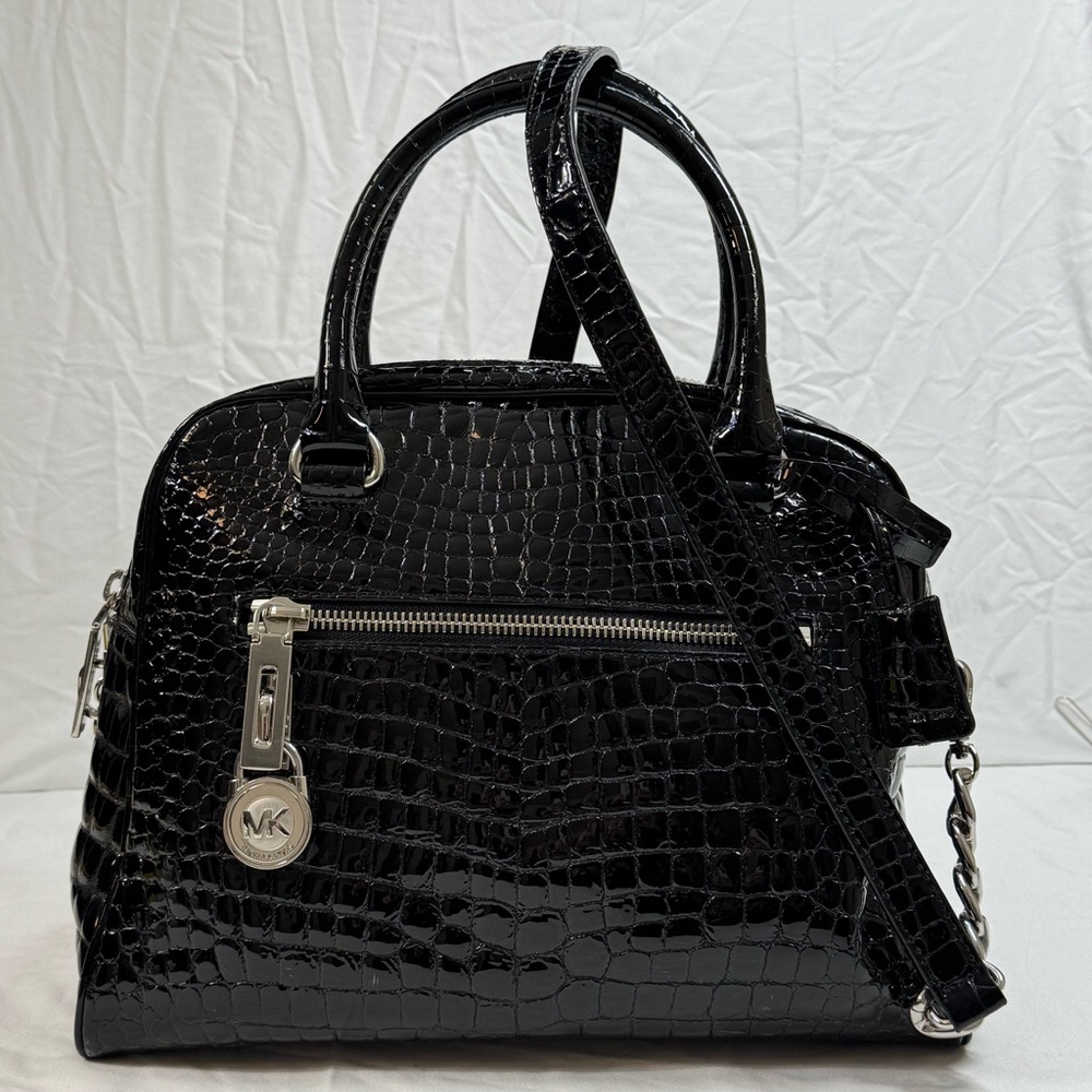 NWOT Micahel Kors Black Crocodile-Embossed Patent Leather Satchel, “Joan” bag